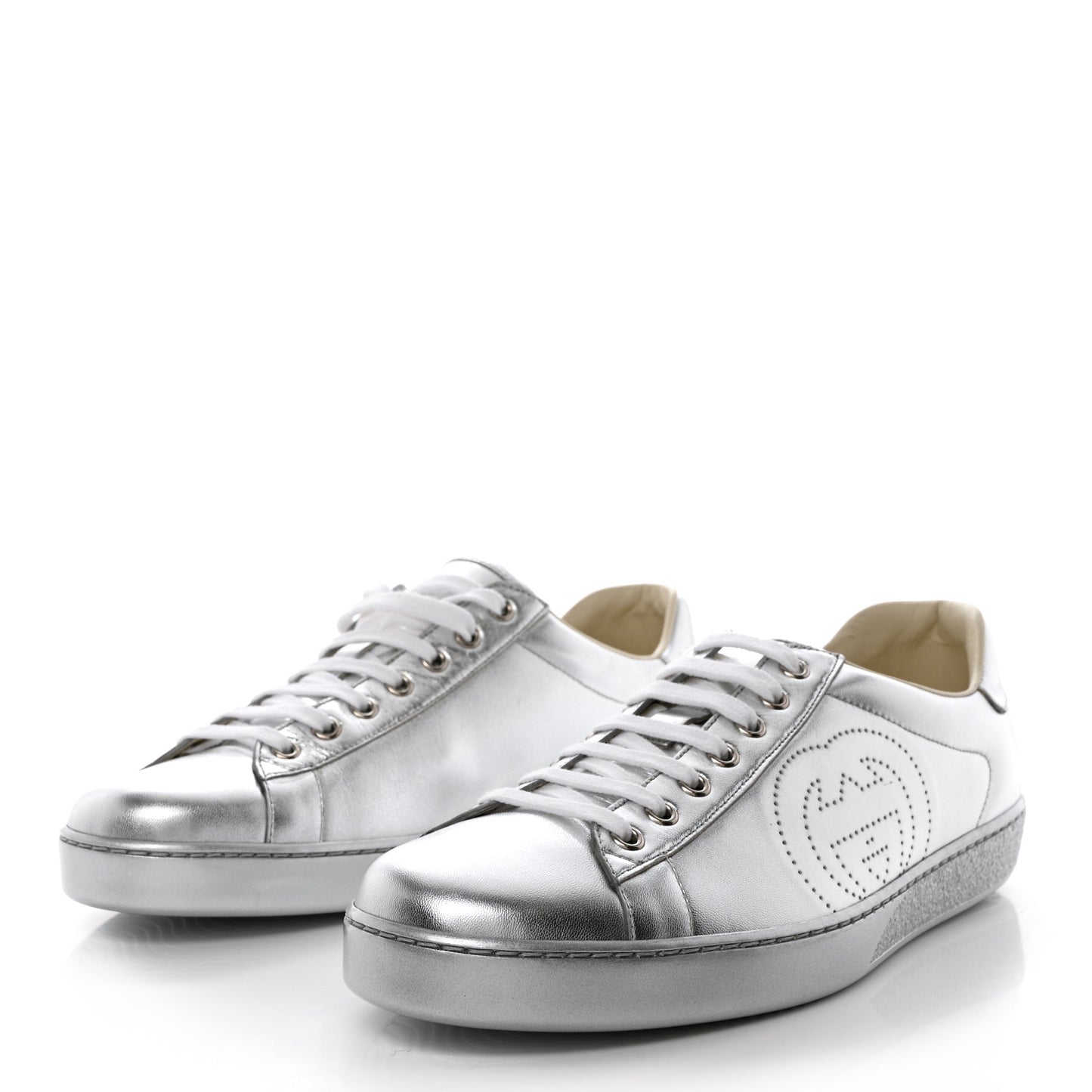 Metallic Nappa Interlocking G Perforated Mens Ace Sneakers 9 Argento