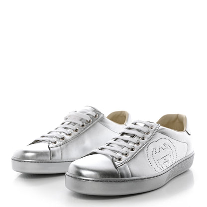 Gucci Metallic Nappa Interlocking G Perforated Mens Ace Sneakers 9 Argento 3 of 9