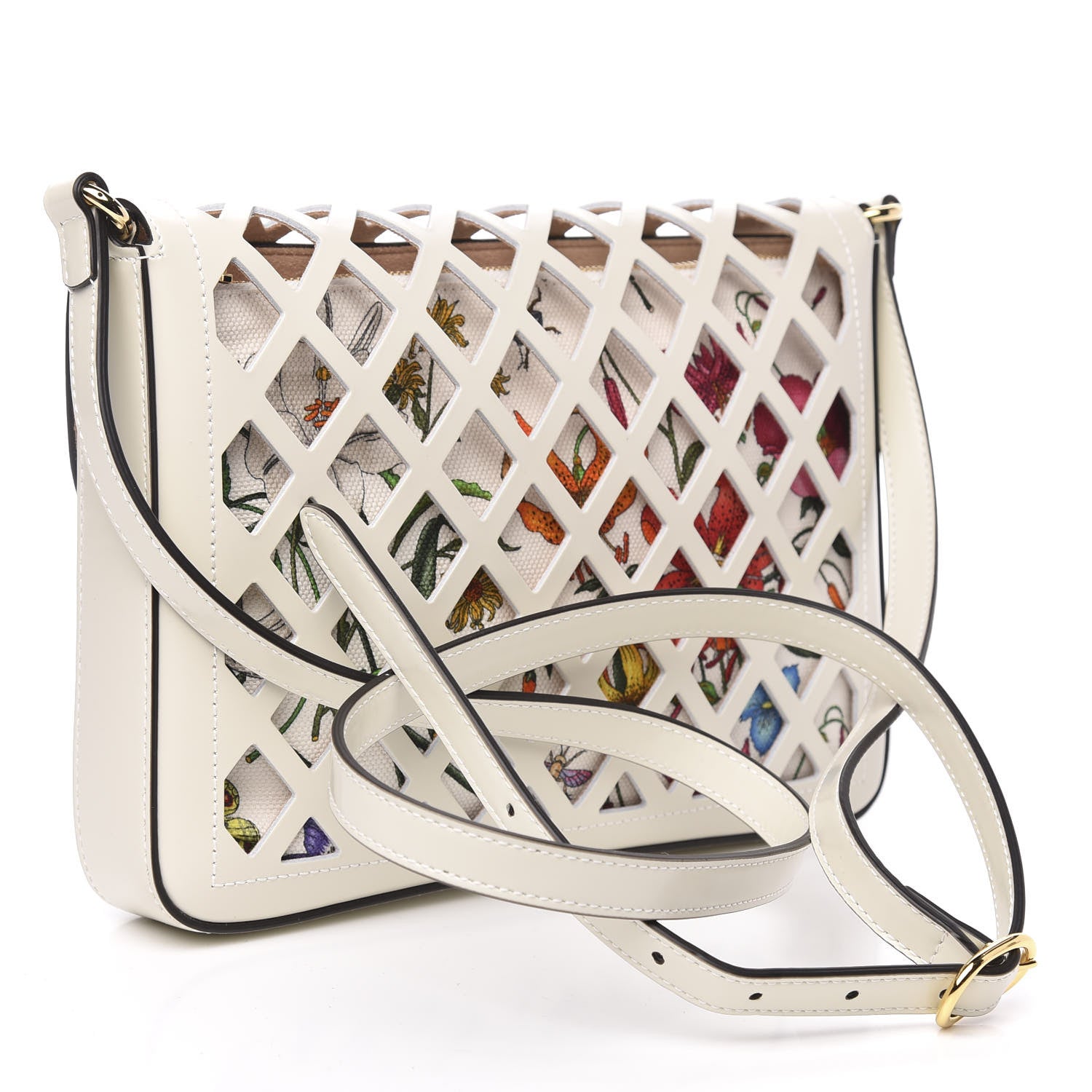 Gucci Canvas Flora Floral Calfskin Medium Cutout Shoulder Bag White Multicolor 3 of 10