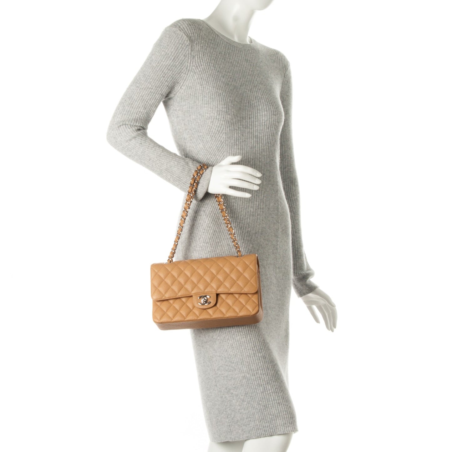 Caviar Quilted Medium Double Flap Beige