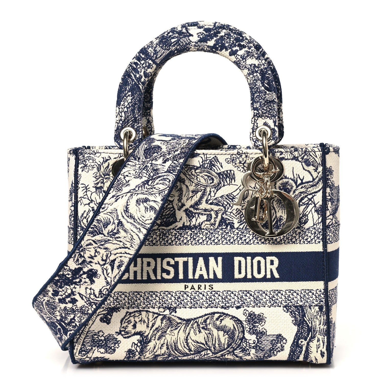 Christian Dior Canvas Toile De Jouy Embroidered Medium Lady D-Lite Navy 1 of 10