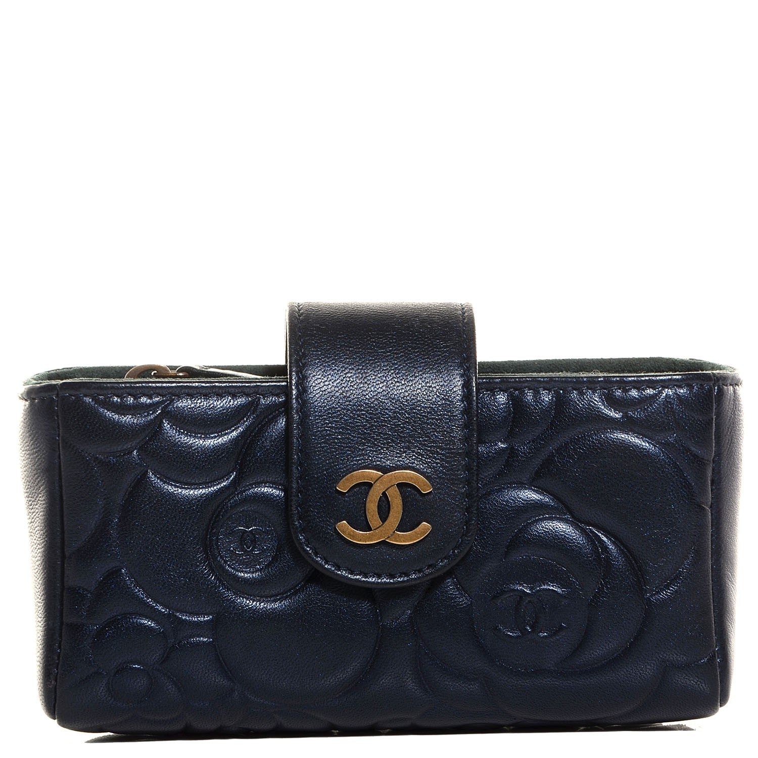 Chanel Lambskin Camellia Embossed Mini Phone Holder Clutch Dark Blue 1 of 7