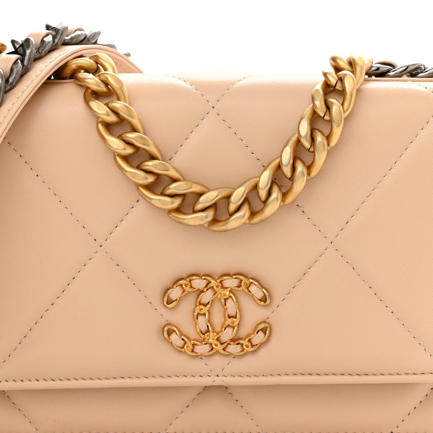 Lambskin Quilted Chanel 19 Wallet On Chain WOC Beige