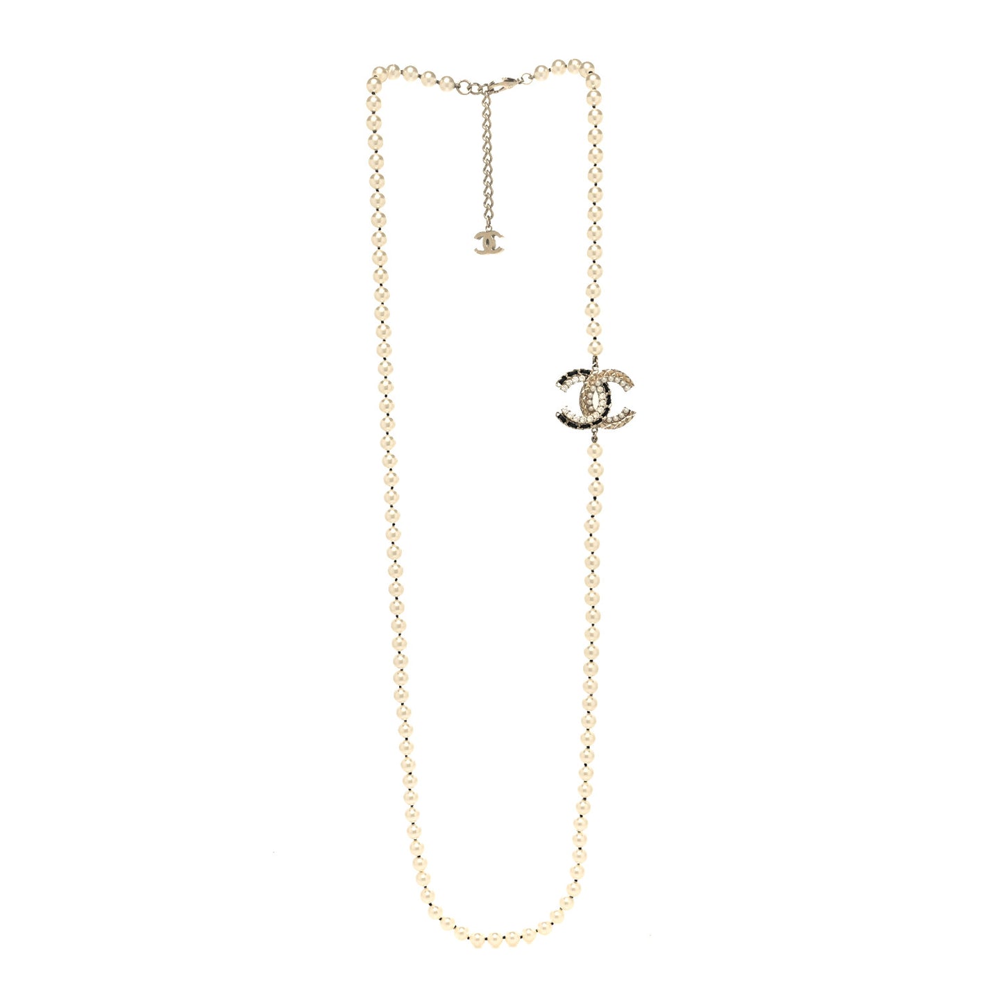 Pearl Crystal Lambskin CC Long Necklace Gold Black