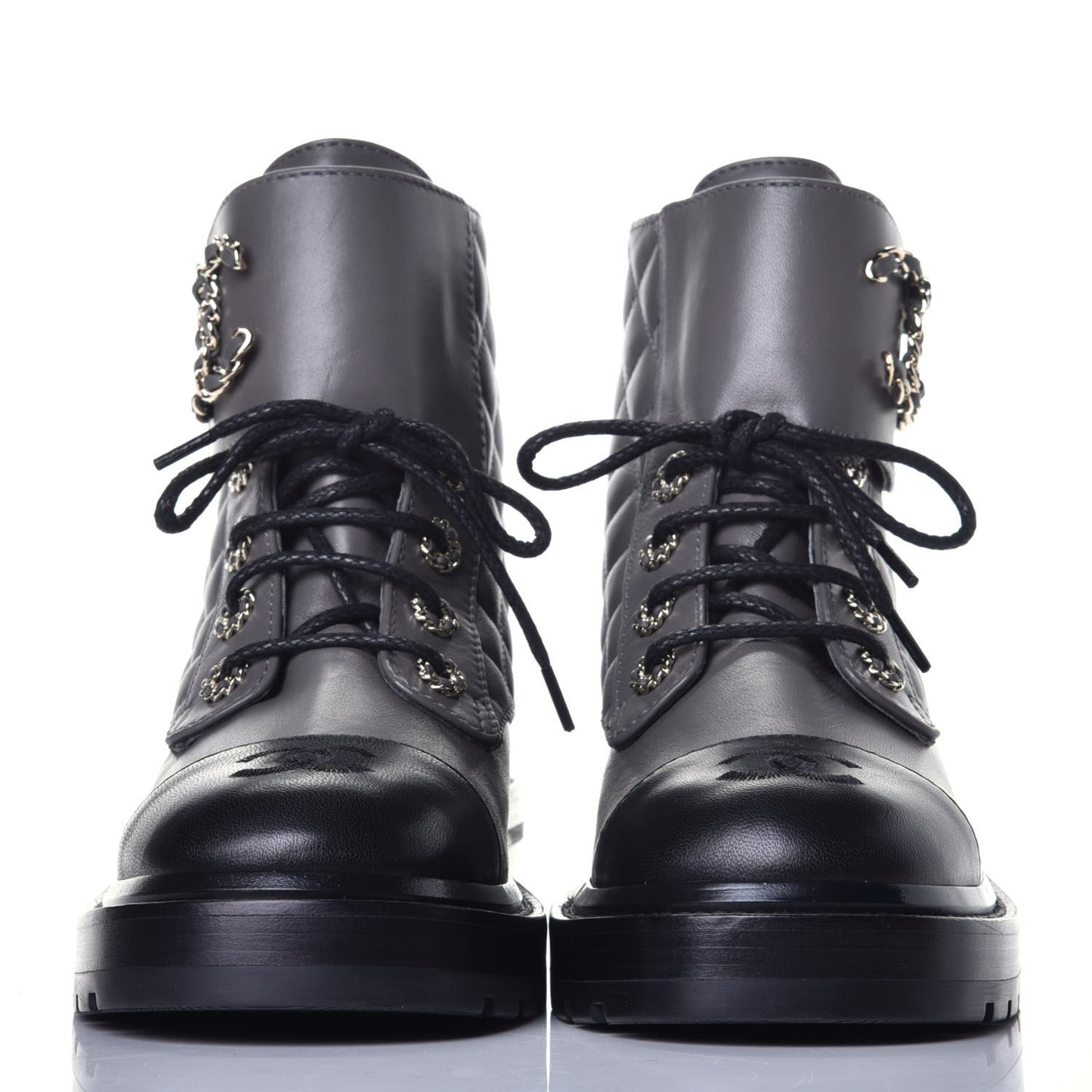 Shiny Lambskin Quilted Lace Up Combat Boots 38 Grey Black