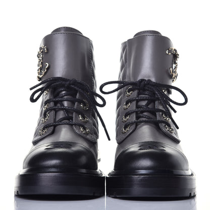 Chanel Shiny Lambskin Quilted Lace Up Combat Boots 38 Grey Black 2 of 10