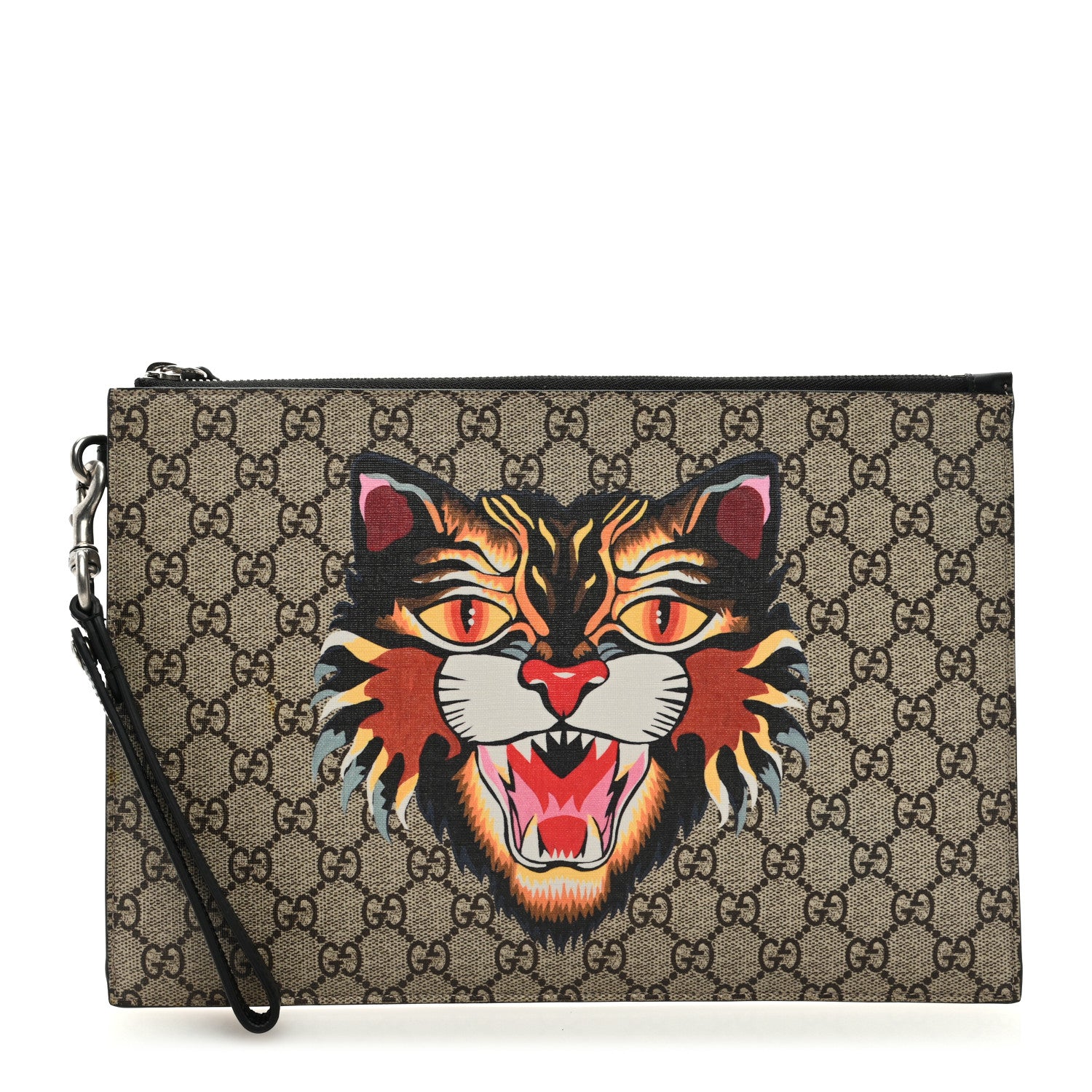Gucci GG Supreme Monogram Angry Cat Zip Wristlet Pouch Beige 1 of 6