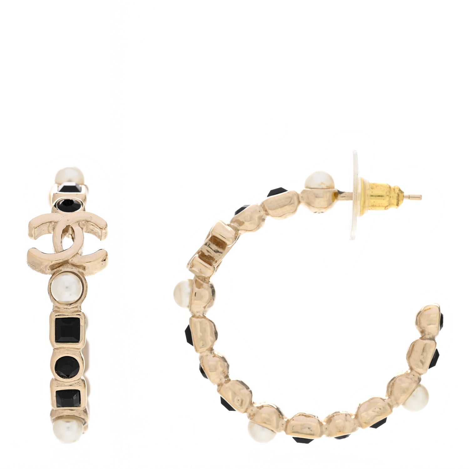 Chanel Lambskin Pearl CC Chain Hoop Earrings Gold Black 1 of 5