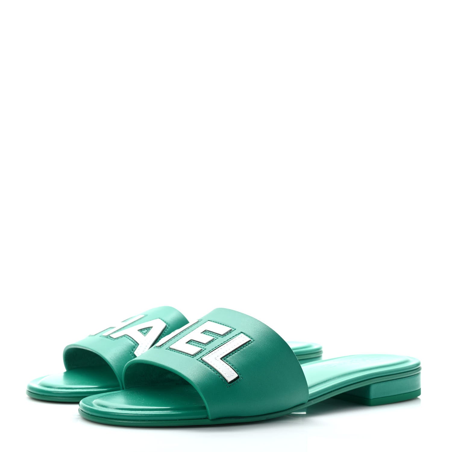 Chanel Calfskin Patent Calfskin Logo Mules 39 Green White 3 of 8