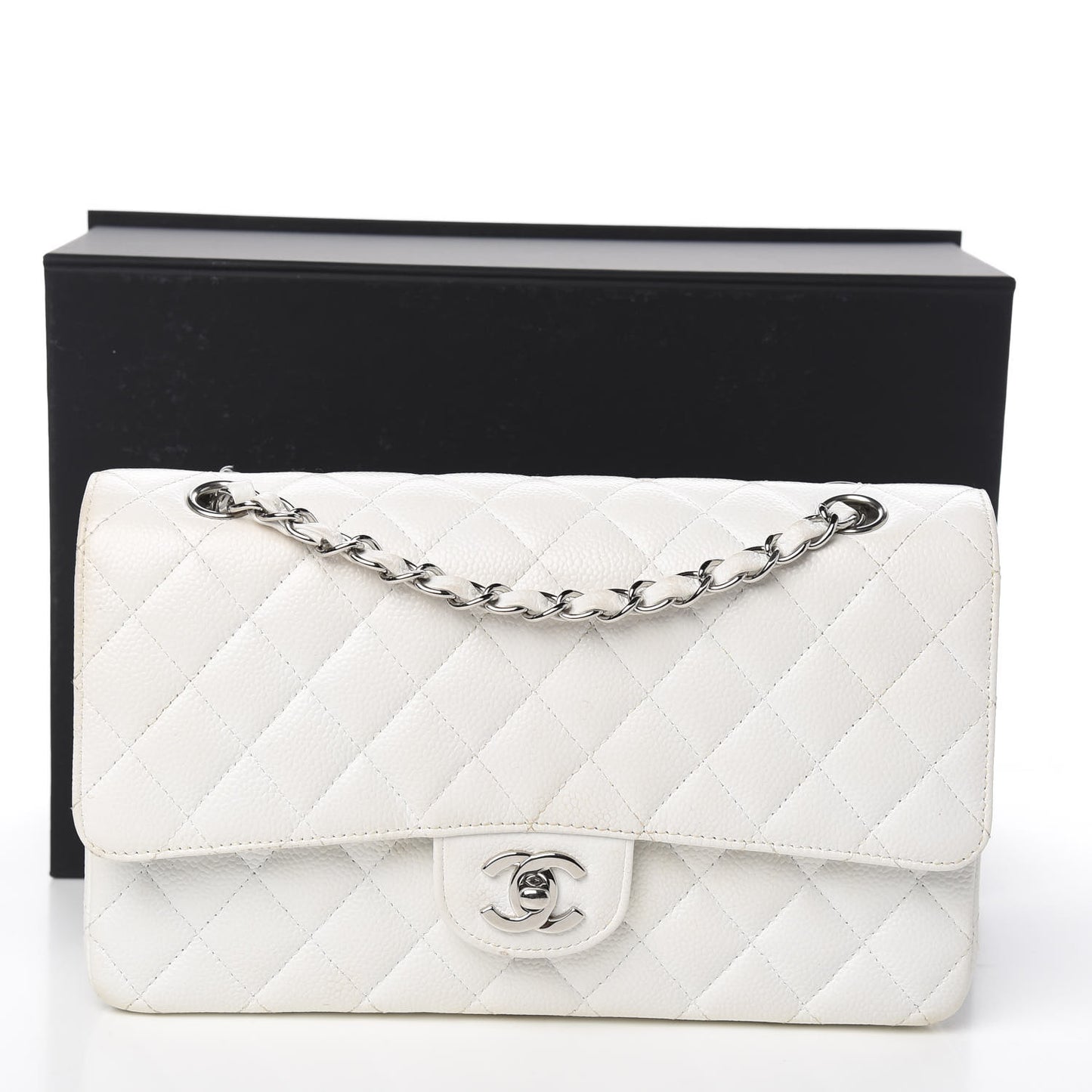 Caviar Quilted Medium Double Flap White