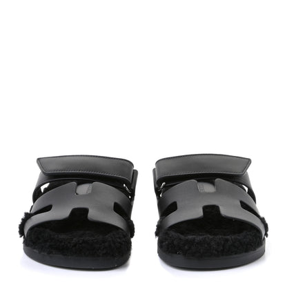 Hermes Calfskin Woolskin Womens Chypre Sandals 35 Black 2 of 4