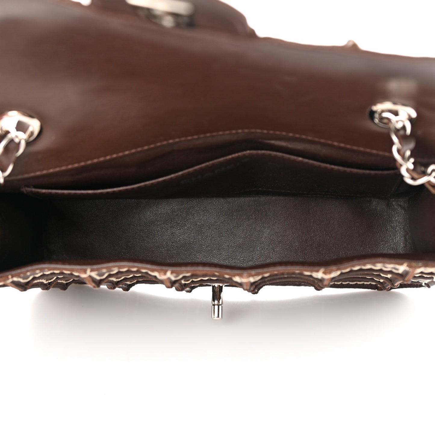 Lambskin Contrast Square Stitch Flap Brown