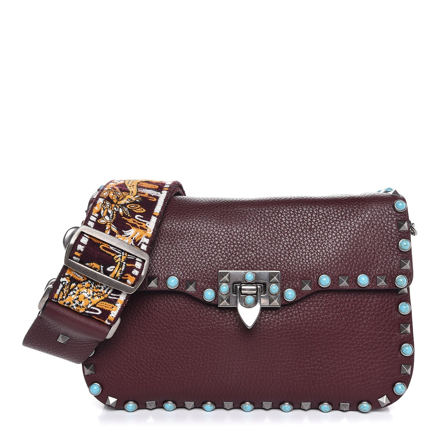 Valentino Garavani Pebbled Calfskin Medium Guitar Strap Rockstud Rolling Flap Saddle Bag Rubin 1 of 8