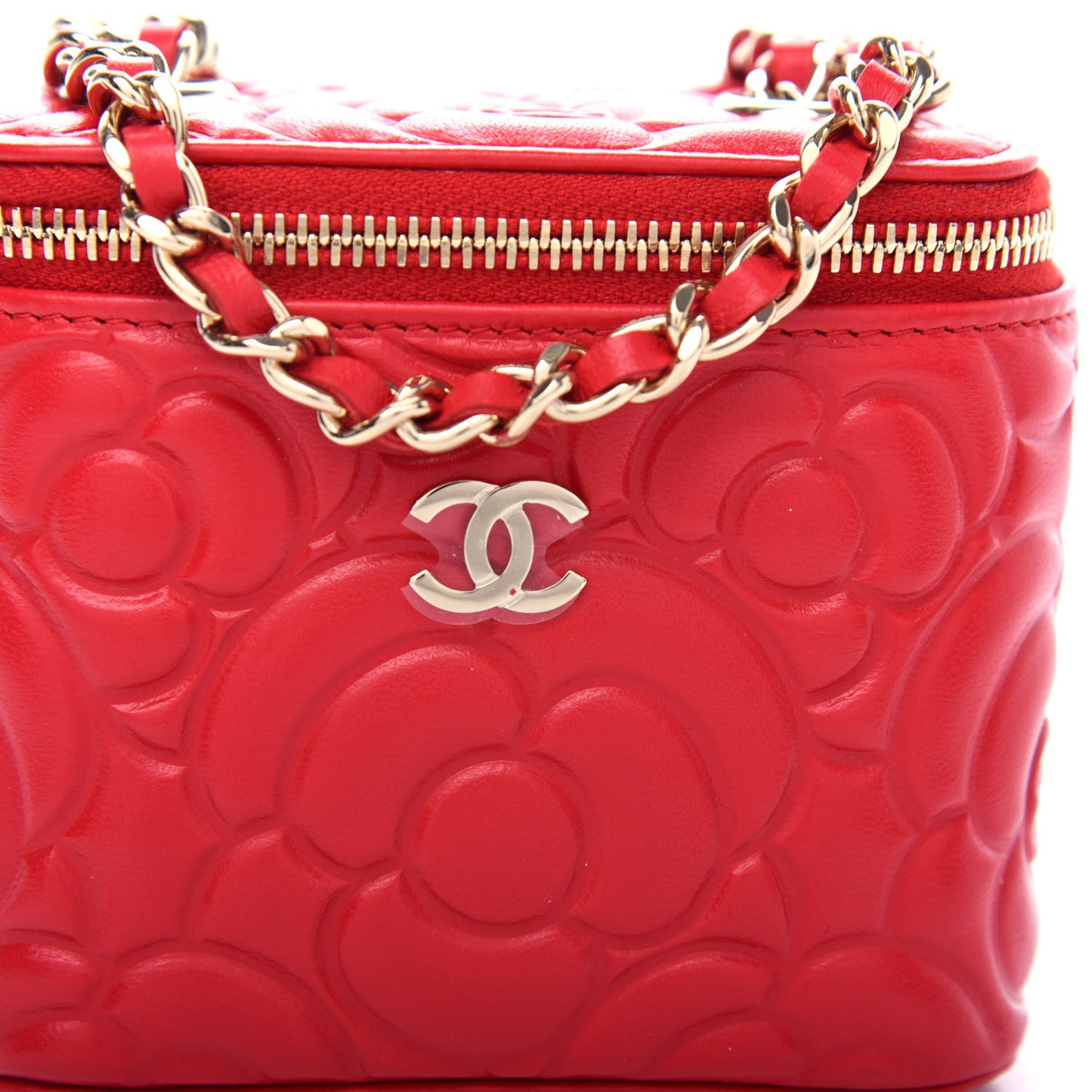 Lambskin Camellia Embossed Mini Vanity Case With Chain Red