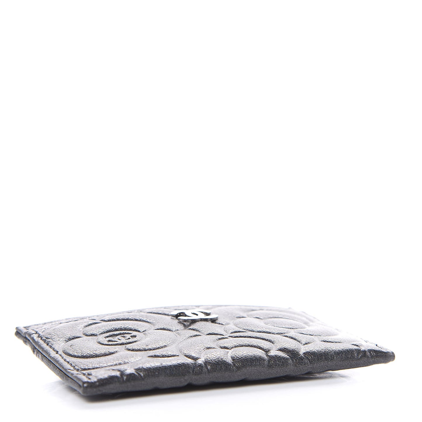 Goatskin Camellia Embossed Card Holder Grey