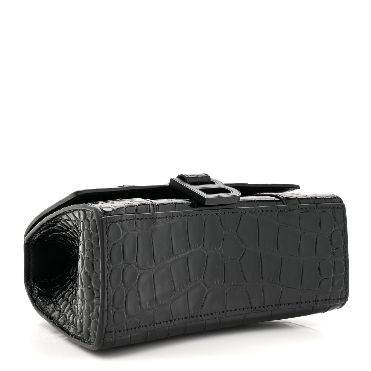 Shiny Calfskin Monochrome Crocodile Embossed Hourglass Top Handle Bag XS Black