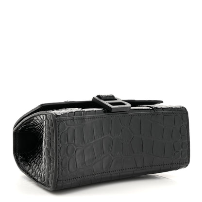 Balenciaga Shiny Calfskin Monochrome Crocodile Embossed Hourglass Top Handle Bag XS Black 4 of 11