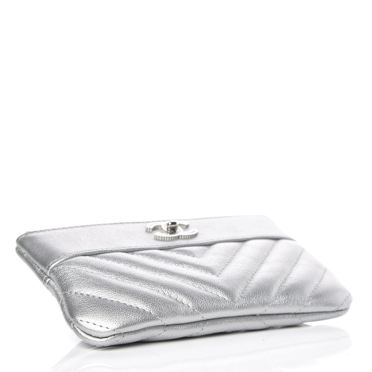 Metallic Sheepskin Chevron Quilted Small Vintage Mademoiselle Cosmetic Case Silver