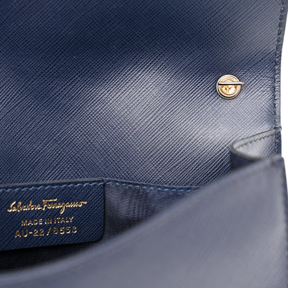 Salvatore Ferragamo Printed Calfskin Vara Bow Chain Flap Crossbody Navy 10 of 11