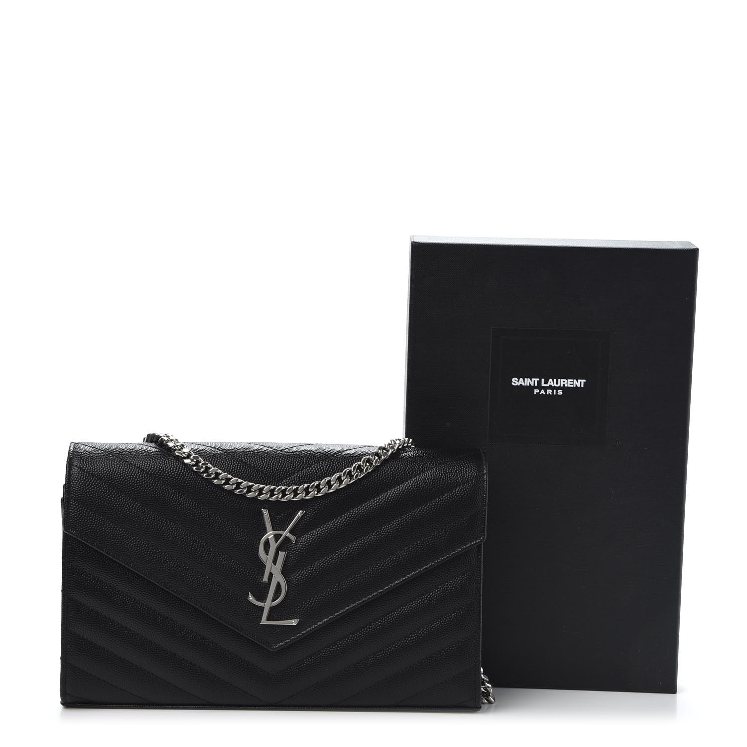 Saint Laurent Grain De Poudre Matelasse Chevron Monogram Chain Wallet Black 10 of 10