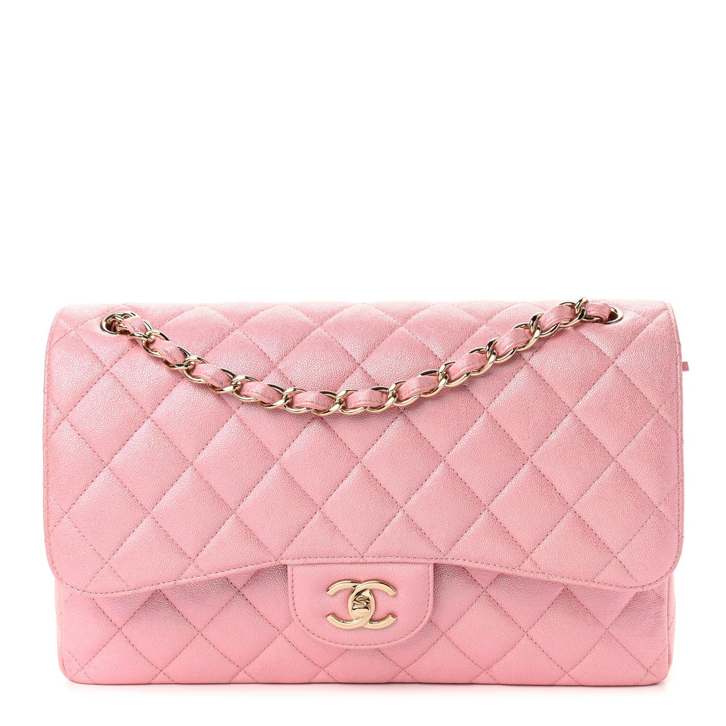 Iridescent Caviar Quilted Jumbo Double Flap Rose Pink