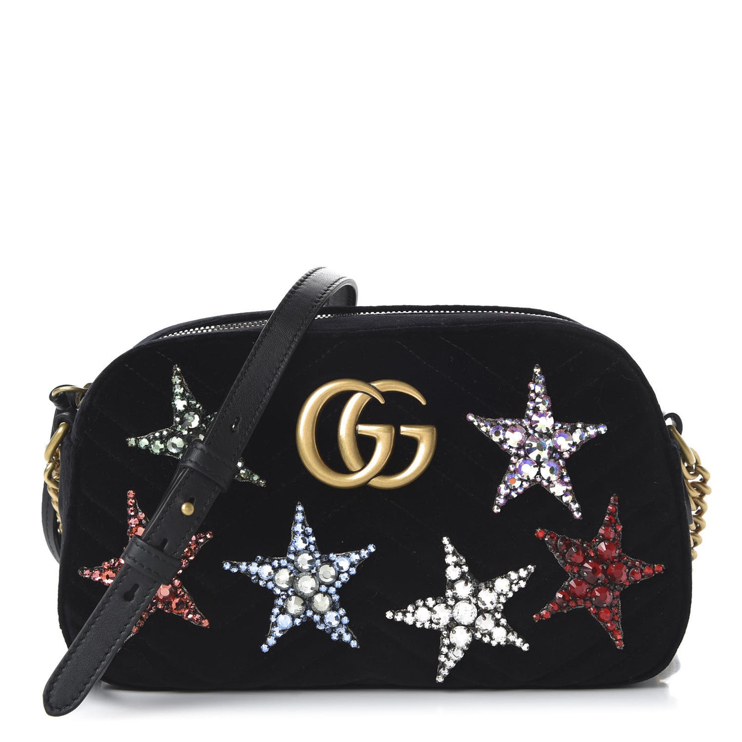 Velvet Matelasse Crystal Star Embroidered Small GG Marmont Chain Shoulder Bag Black