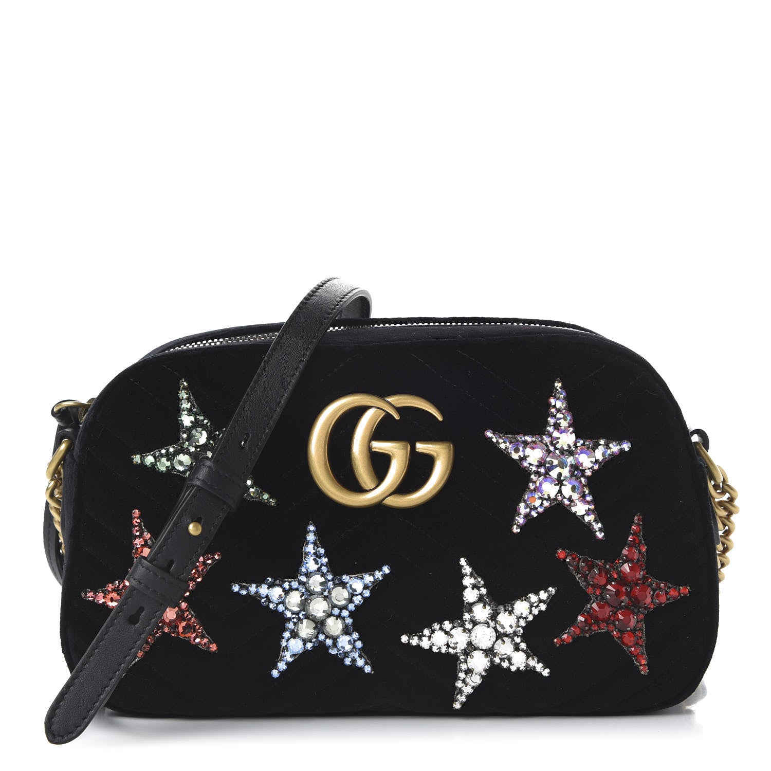Gucci Velvet Matelasse Crystal Star Embroidered Small GG Marmont Chain Shoulder Bag Black 1 of 10