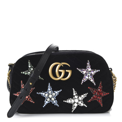 Gucci Velvet Matelasse Crystal Star Embroidered Small GG Marmont Chain Shoulder Bag Black 1 of 10