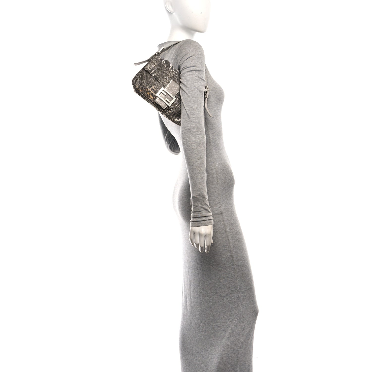 Fendi Metallic Lurex Zucca Vitello Baguette Argento 2 of 9