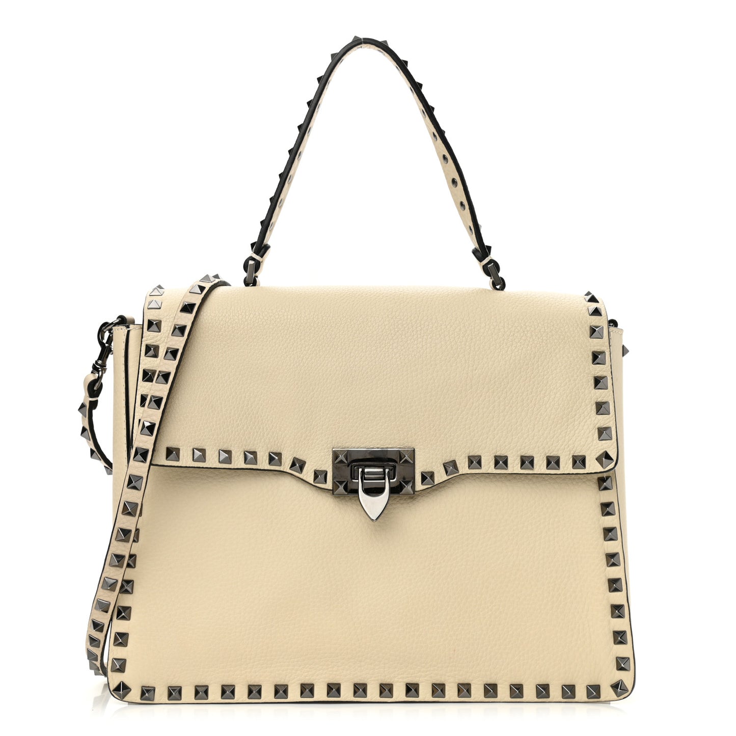 Grained Calfskin Rockstud Top Handle Flap Shoulder Bag Light Ivory