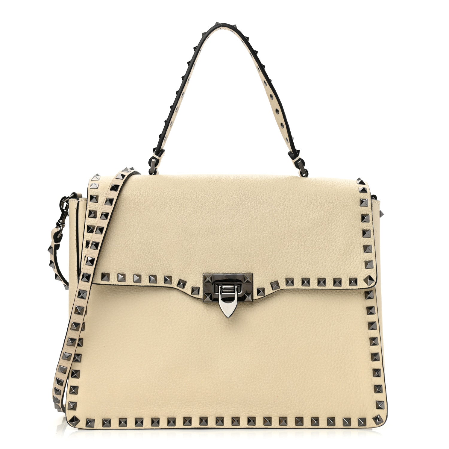 Valentino Garavani Grained Calfskin Rockstud Top Handle Flap Shoulder Bag Light Ivory 1 of 10