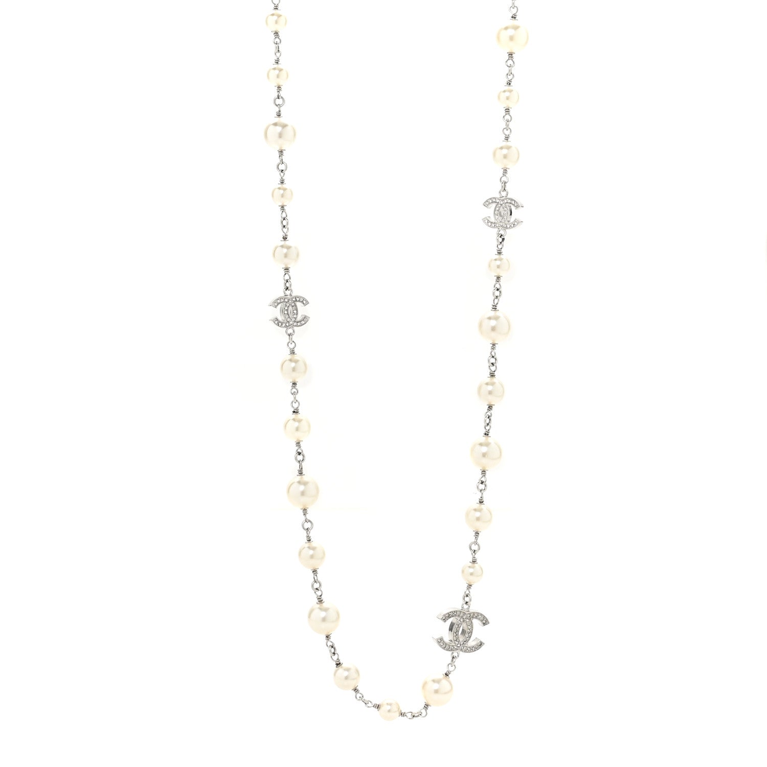 Chanel Graduated Pearl Crystal CC Long Necklace Silver 1 of 4