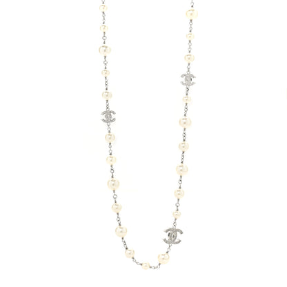 Chanel Graduated Pearl Crystal CC Long Necklace Silver 1 of 4