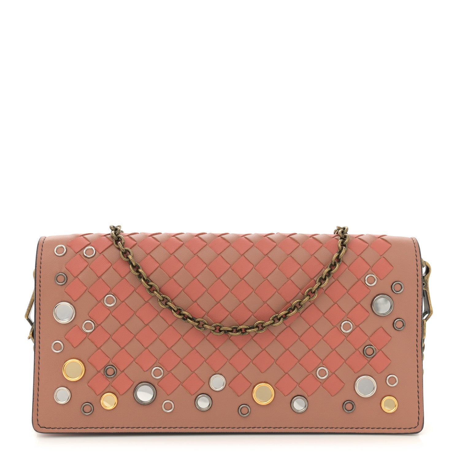 Bottega Veneta Nappa Intrecciato Studded Embellished Chain Wallet Tan Corallo 1 of 14