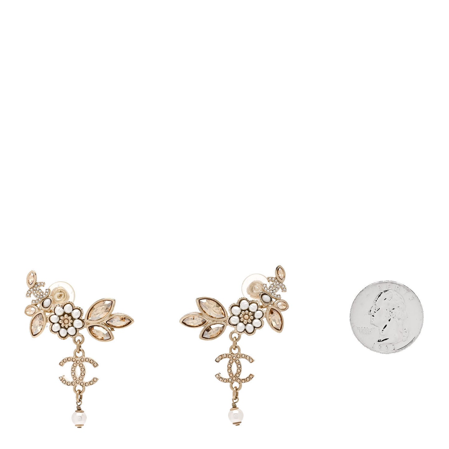 Pearl Crystal CC Flower Cluster Drop Earrings Gold Light Brown Pearly White