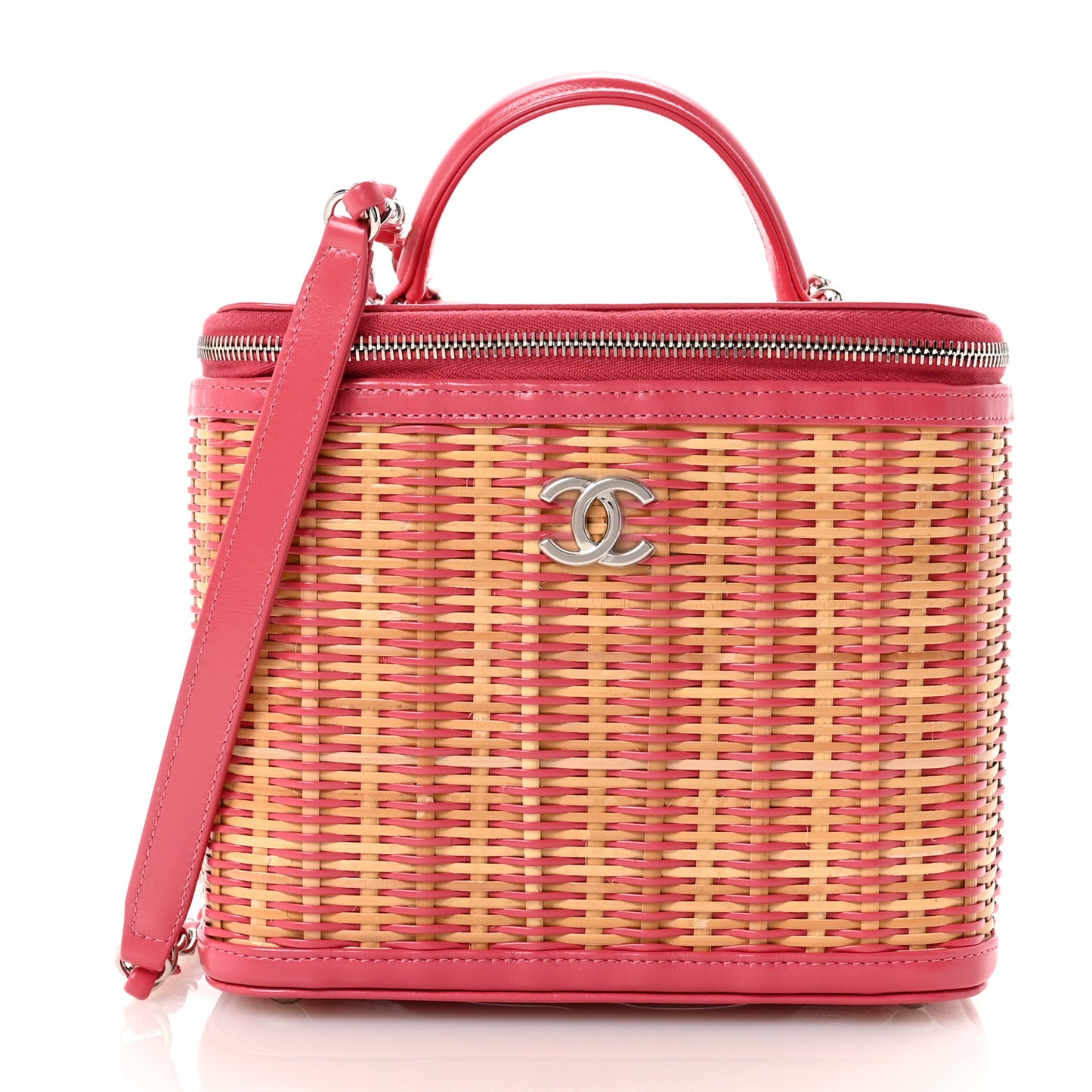 Glazed Calfskin Raffia Vanity Case Bag Pink