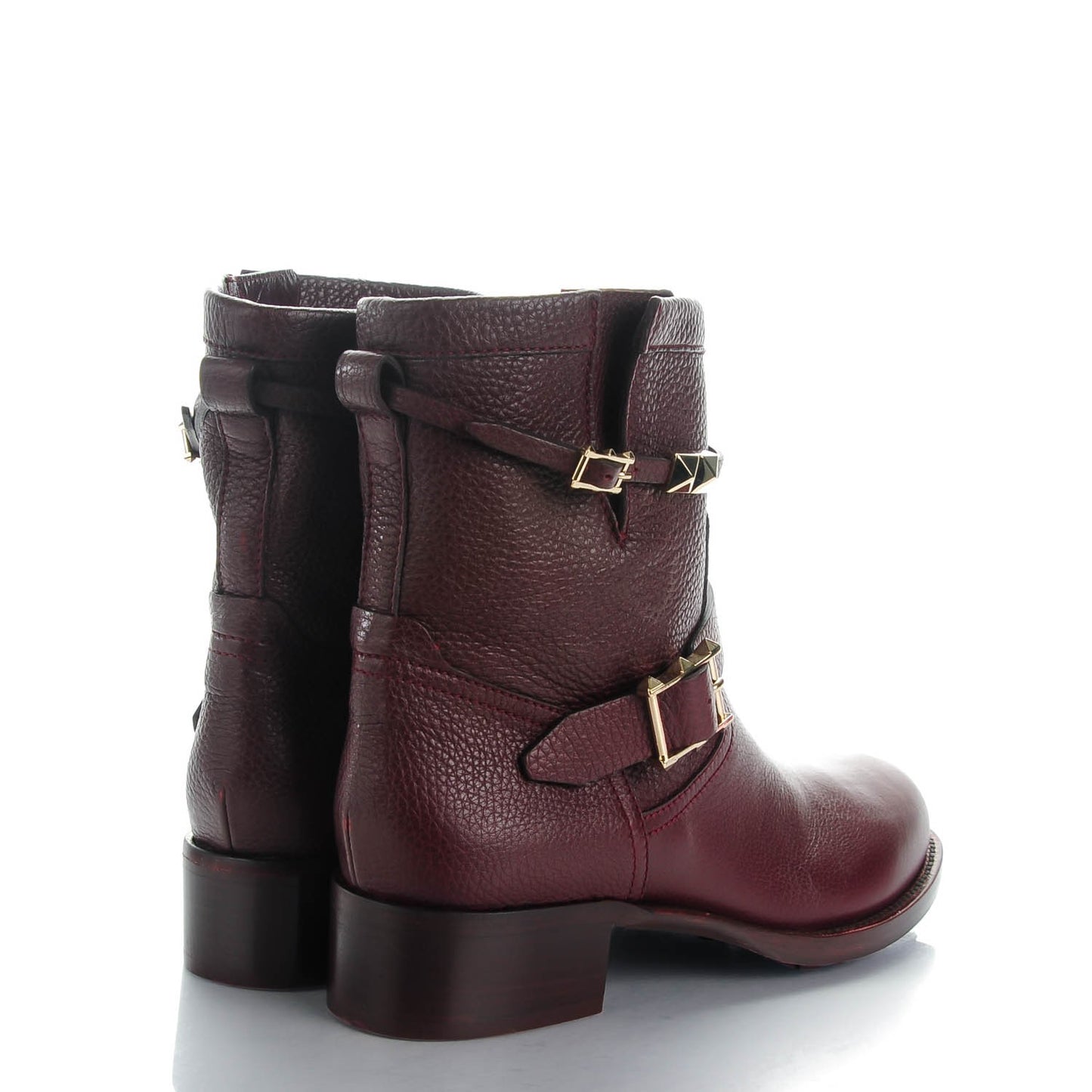 Pebbled Calfskin Rockstud Biker Boots 39.5 Rubin