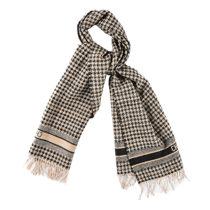 Christian Dior Wool Silk Houndstooth Fringe Scarf Beige Black 1 of 4