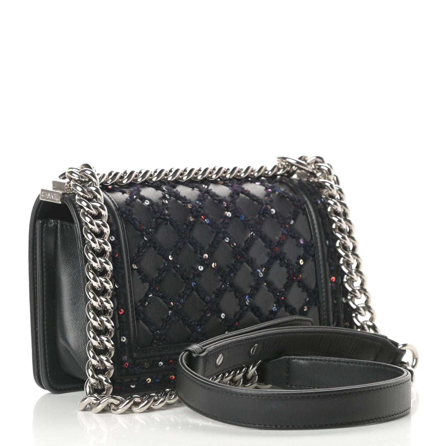 Lambskin Tweed Sequin Quilted Small Boy Flap Black