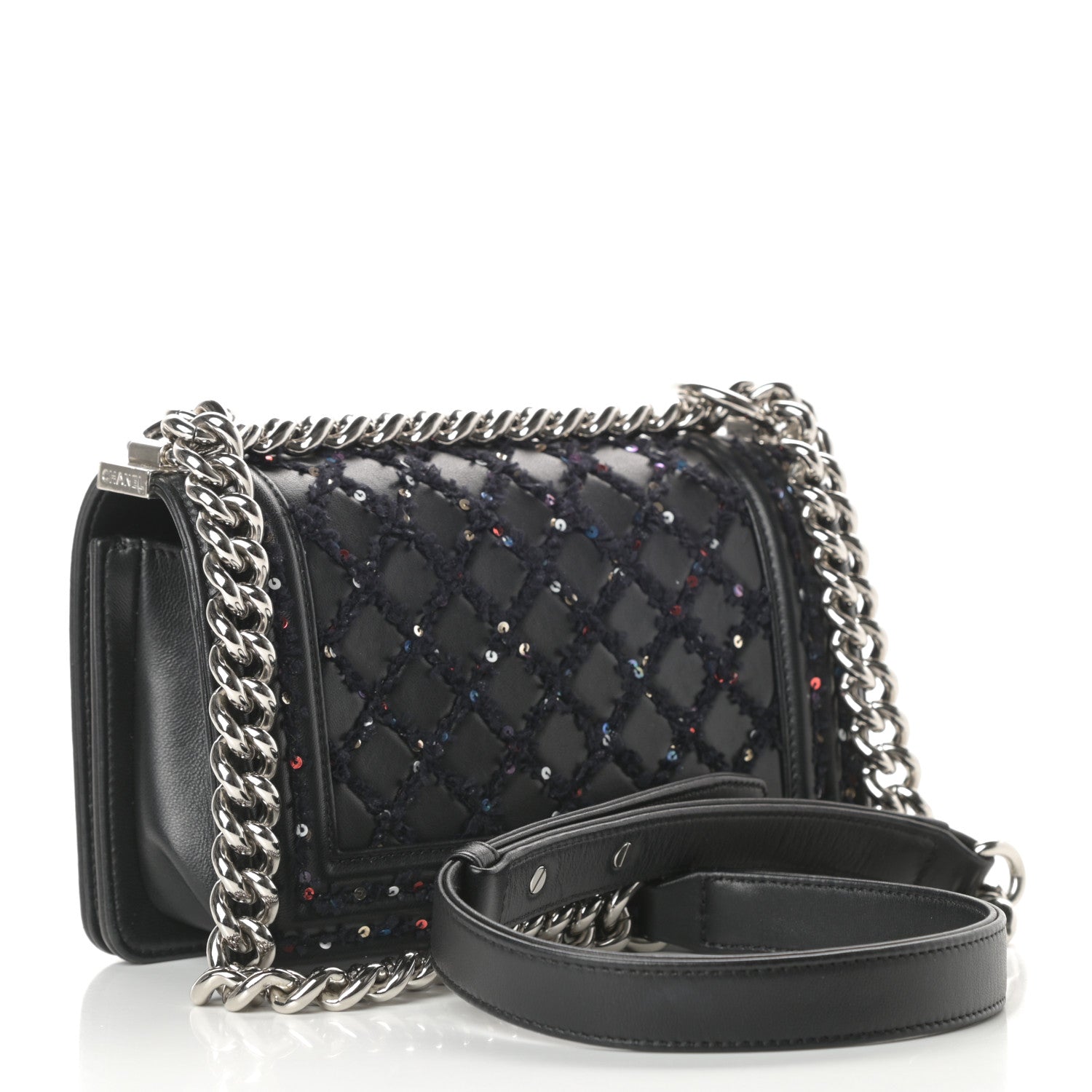 Chanel Lambskin Tweed Sequin Quilted Small Boy Flap Black 3 of 16