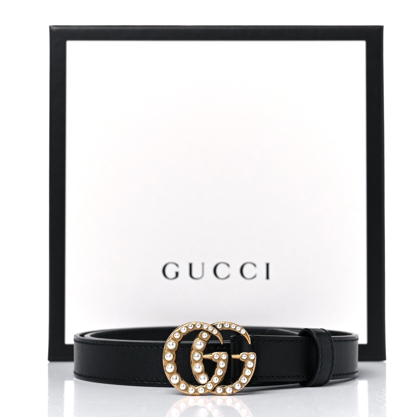 Moon Calfskin Pearl Double G 20mm Belt 80 32 Black Cream