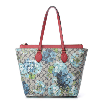 Gucci GG Supreme Monogram Blooms Medium Zippered Bucket Tote Beige Blue Navy Hibiscus Red 1 of 9