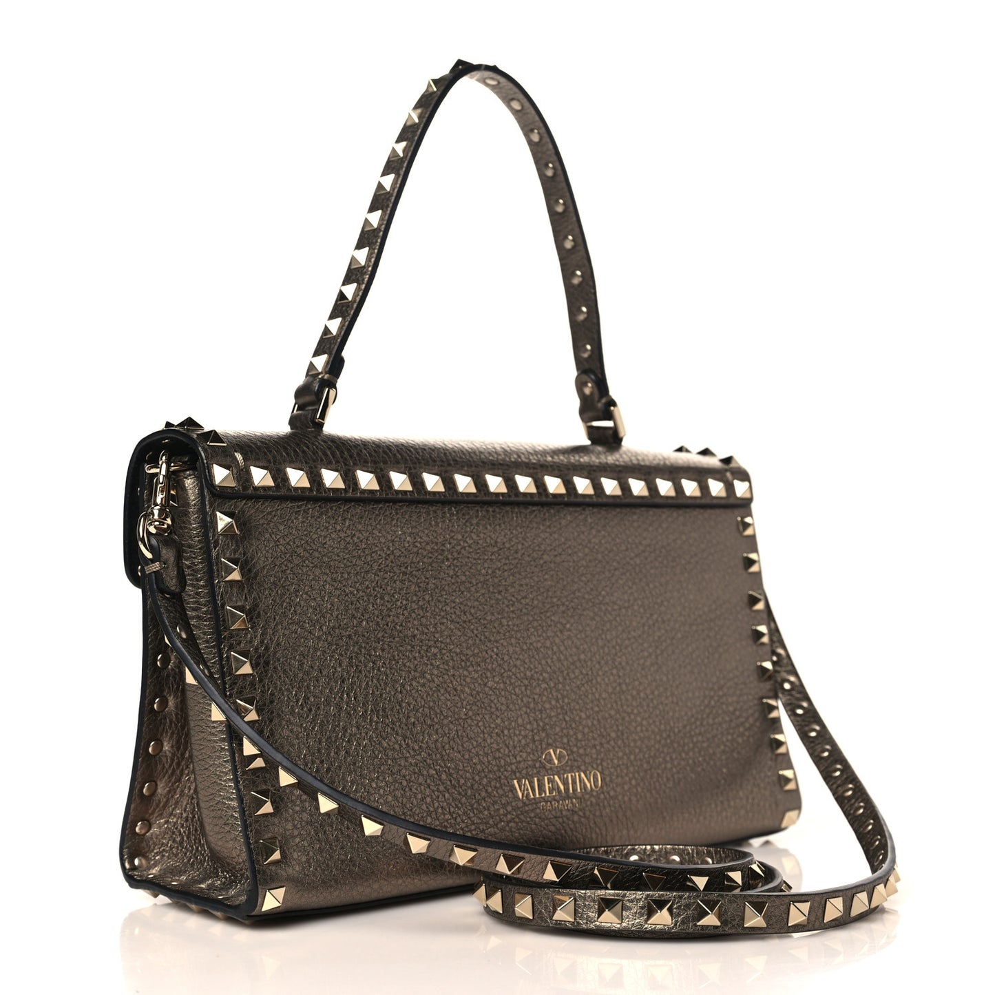 Metallic Pebbled Calfskin Small Rockstud Single Handle Flap Bag Sasso