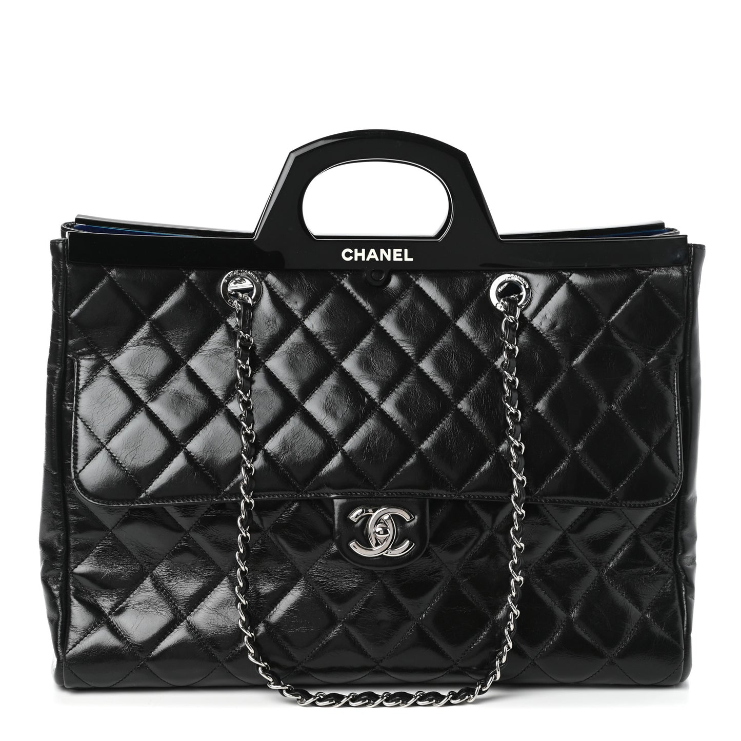Glazed Calfskin Quilted Large CC Delivery Tote Black