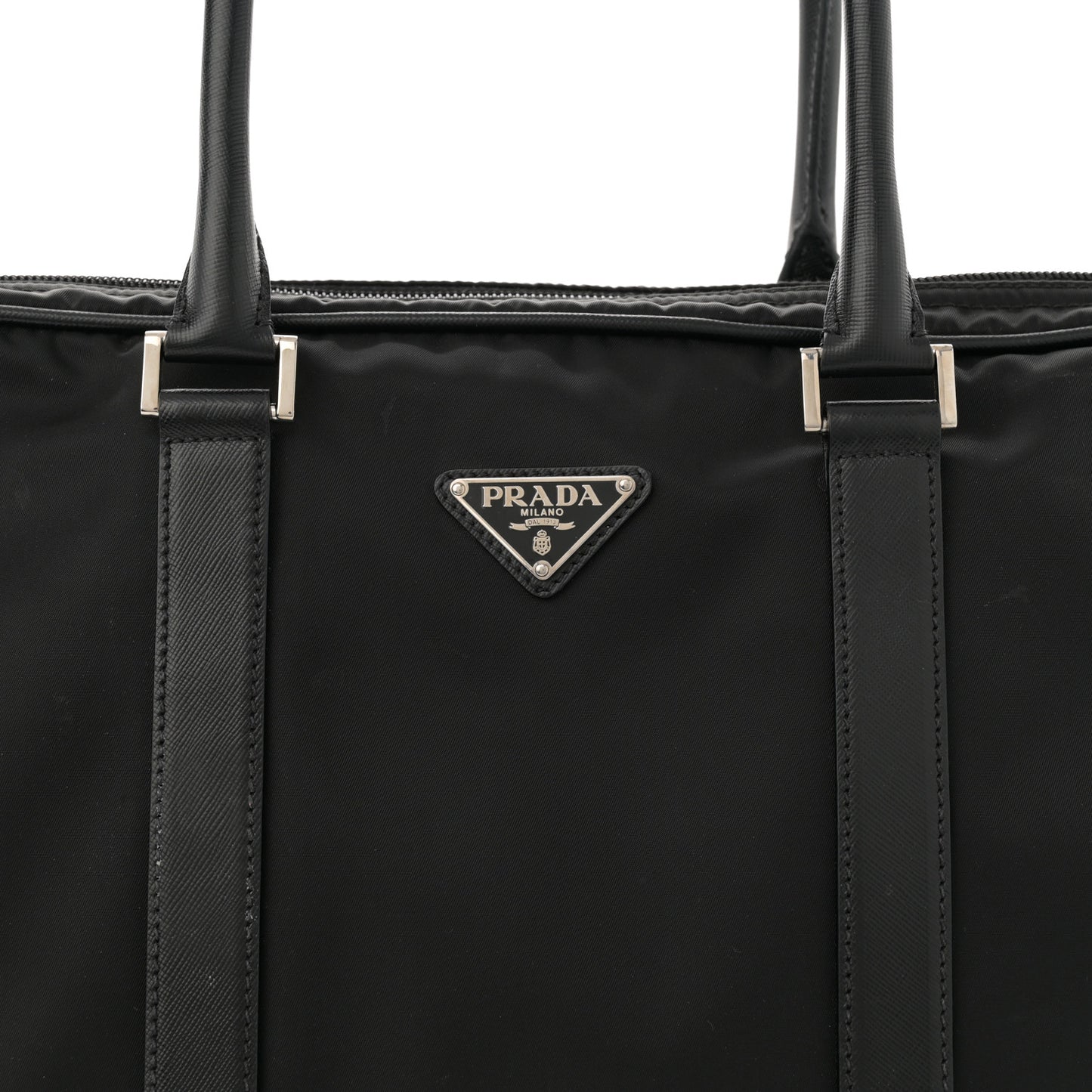 Tessuto Nylon Saffiano Metal Triangle Logo Work Bag Black