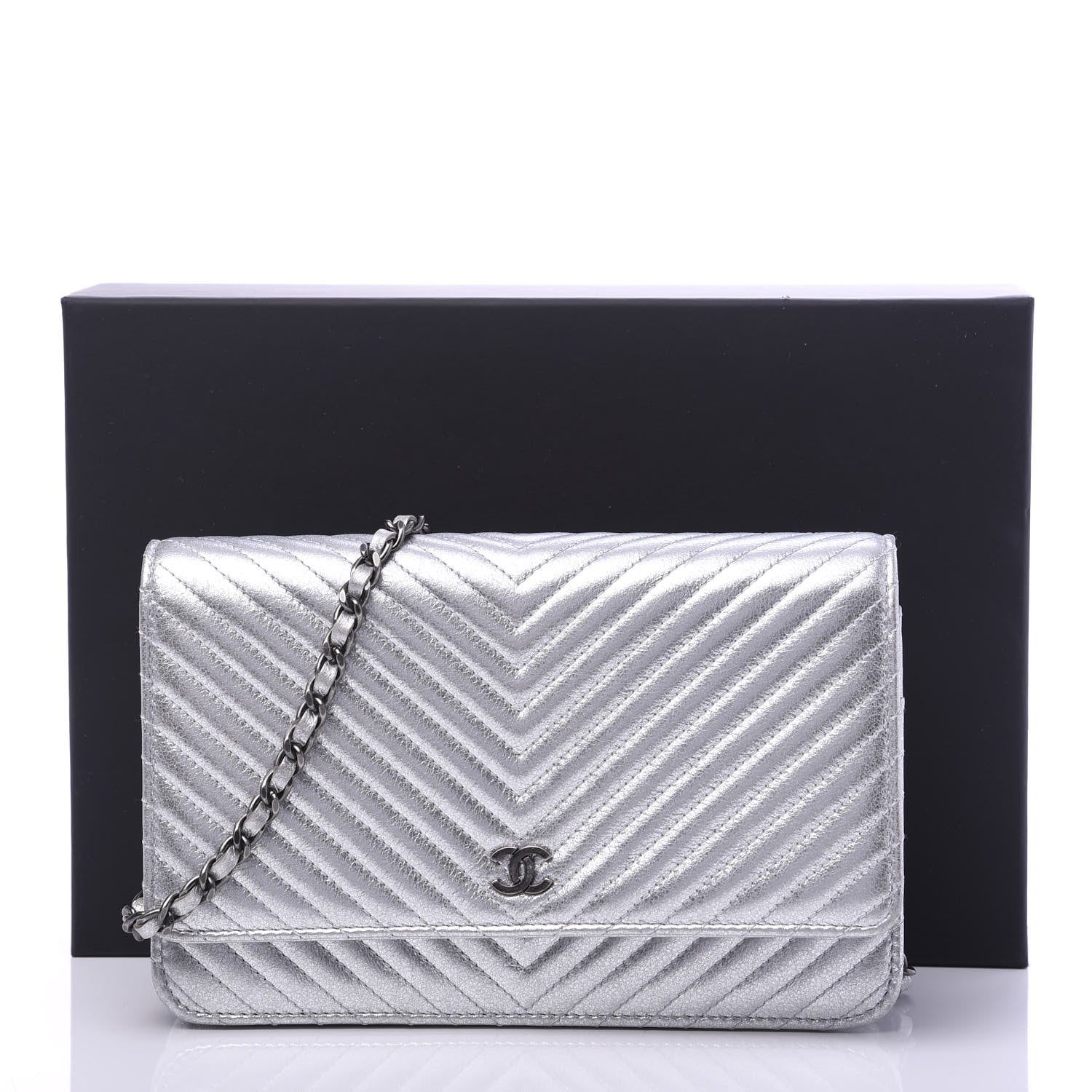 Chanel Metallic Lambskin Chevron Wallet On Chain WOC Silver 11 of 11