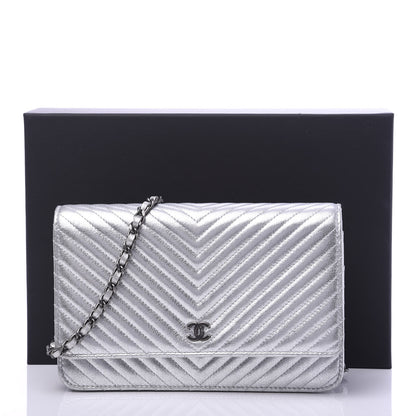 Chanel Metallic Lambskin Chevron Wallet On Chain WOC Silver 11 of 11