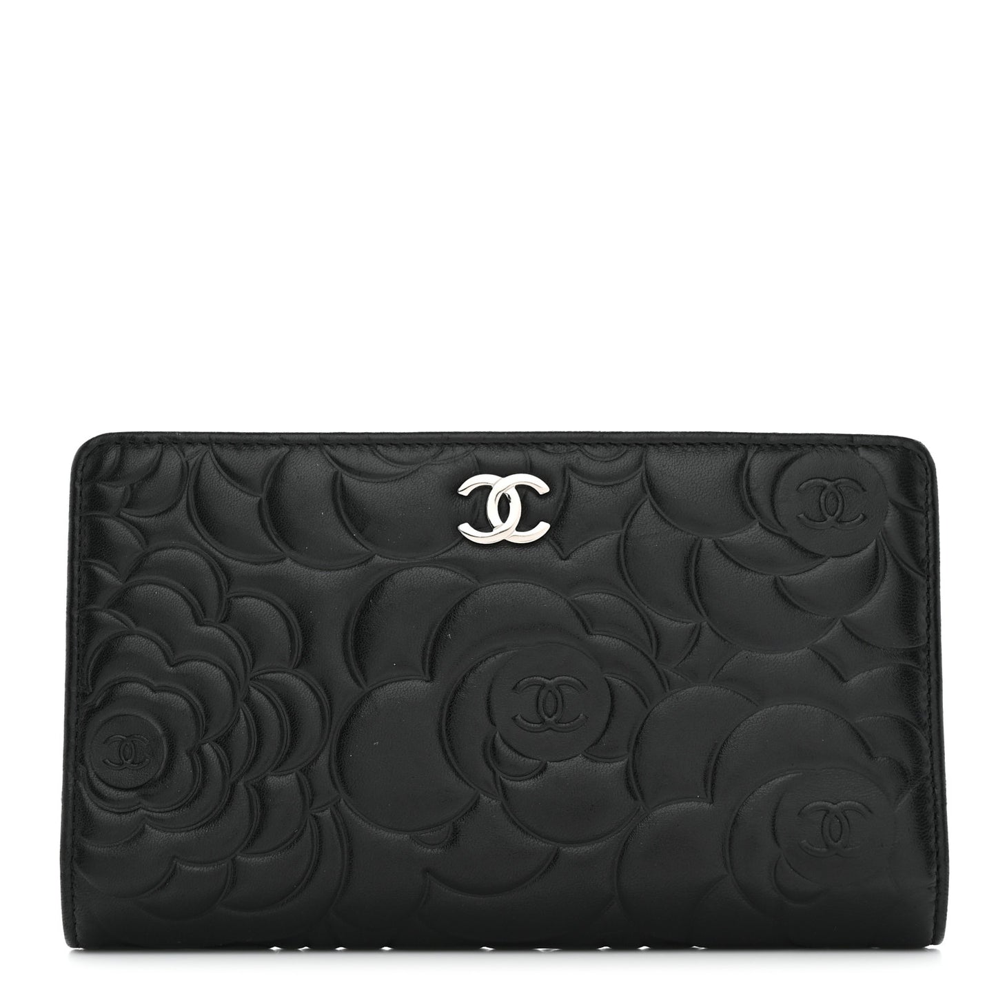 Lambskin Camellia Embossed Yen Wallet Black