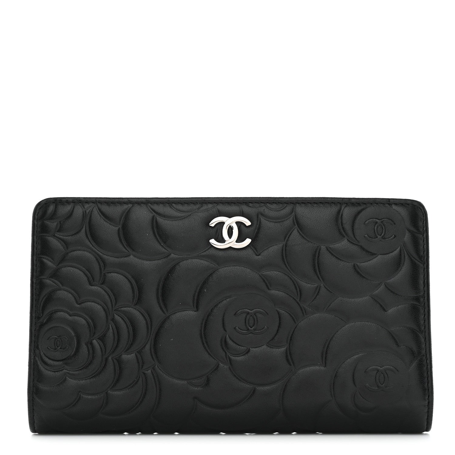 Chanel Lambskin Camellia Embossed Yen Wallet Black 1 of 13