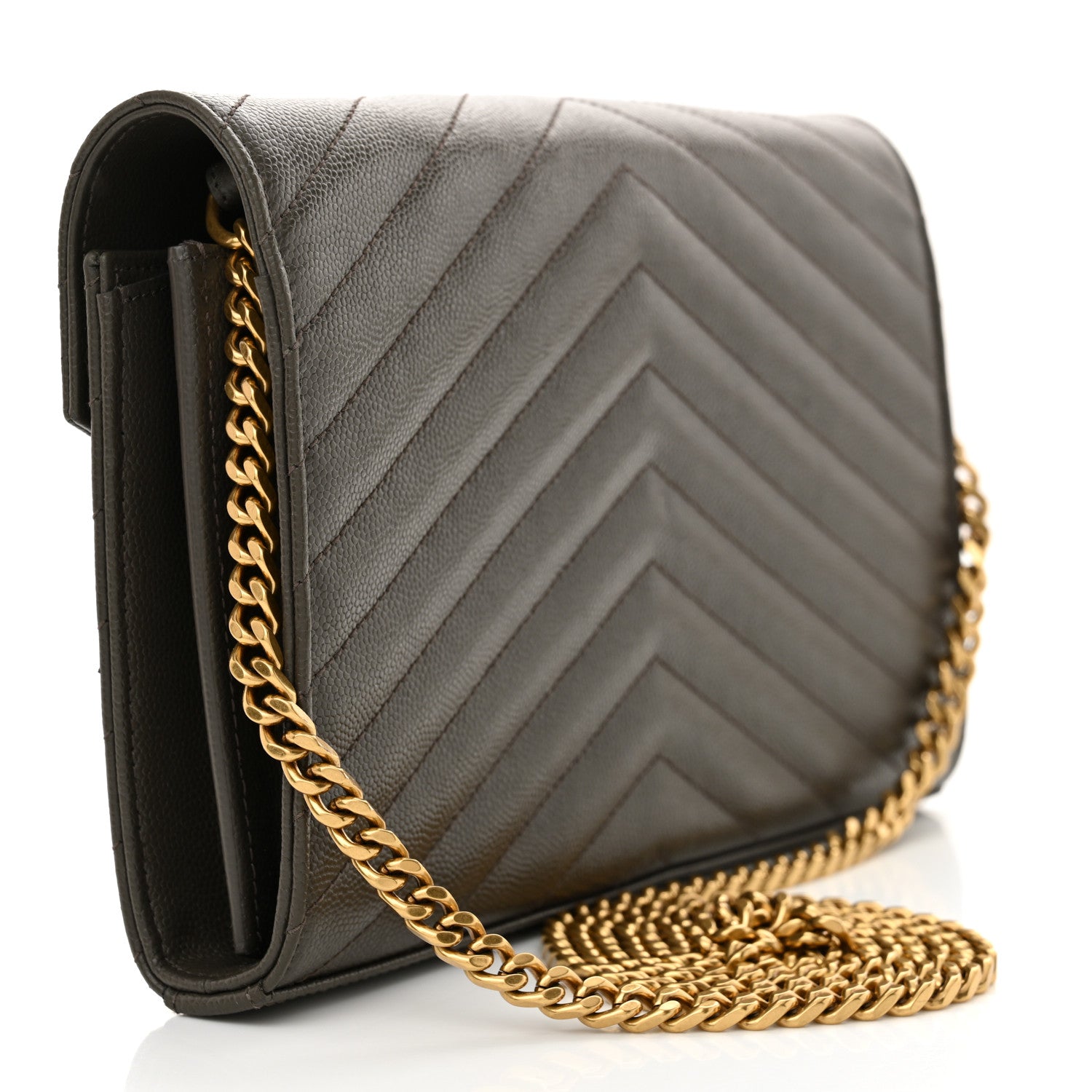 Saint Laurent Grain De Poudre Matelasse Chevron Monogram Chain Wallet Pebble 3 of 11